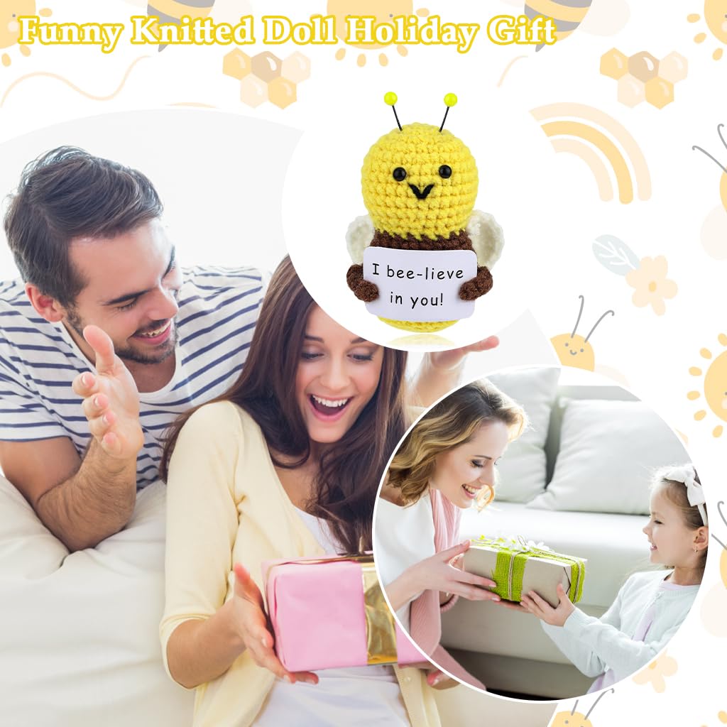 Zibuyu Positive Bee Crochet Doll for Cheerful Gifts with Emotional Support Card | Handmade Knitted Wool Plush Decor