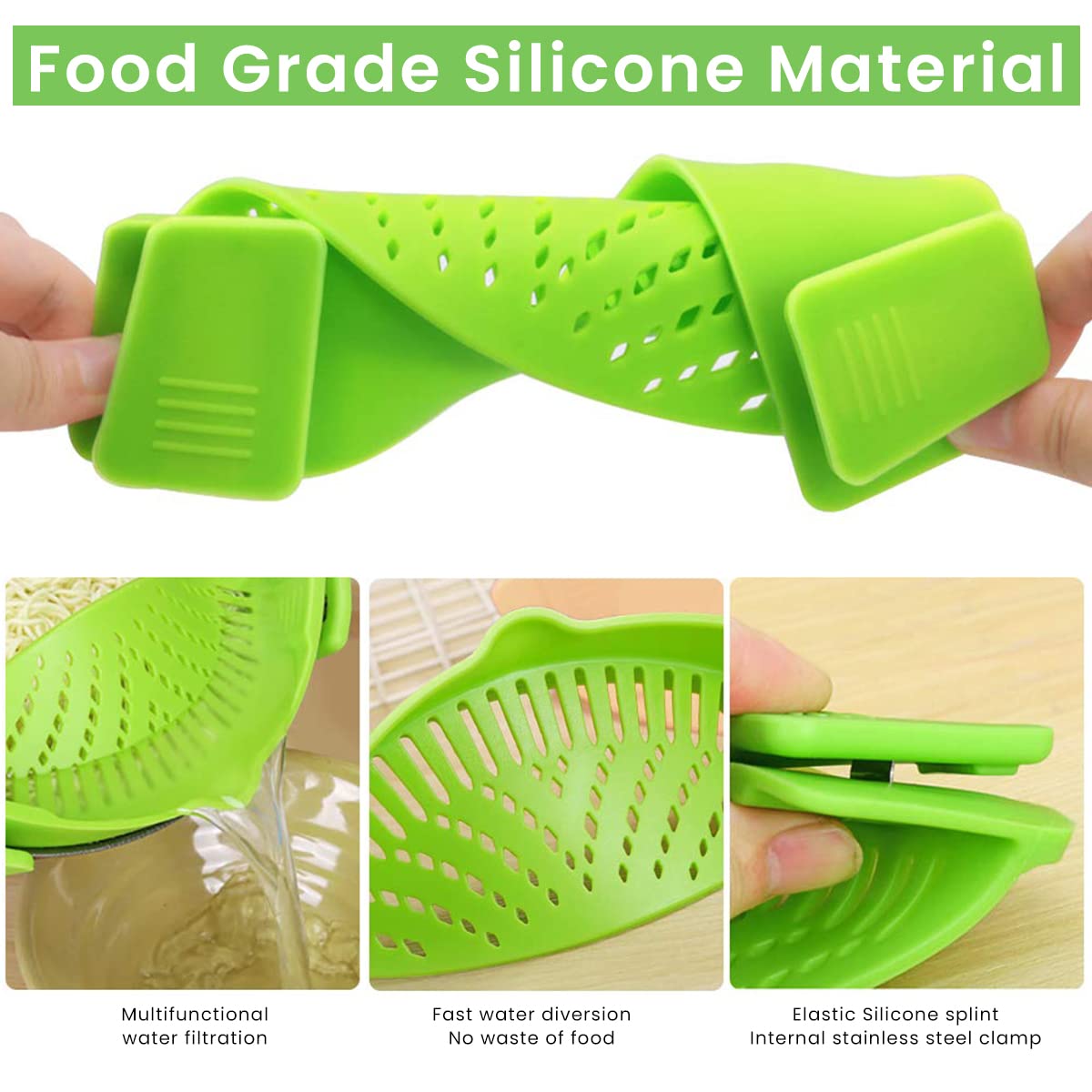 HASTHIP Clip On Pasta Strainer for Spaghetti and Vegetables featuring Dual Clamp Design | Heat Resistant Food Grade Silicone Kitchen Drainer