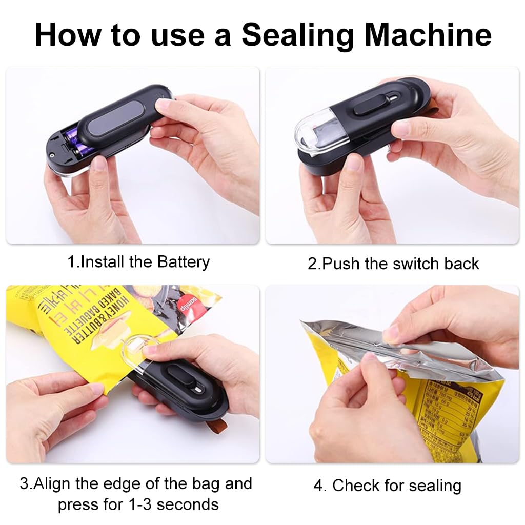 Mini Bag Sealer for Food Storage with Safety Lock and Built In Cutter | Battery Powered
