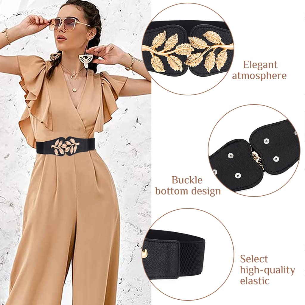 PALAY® Fashion Elastic Skinny Belts for Women Girls,Golden Leaf Buckle for Dresses Coat Fashion Elastic Wide Waist -(66-90cm Waist)