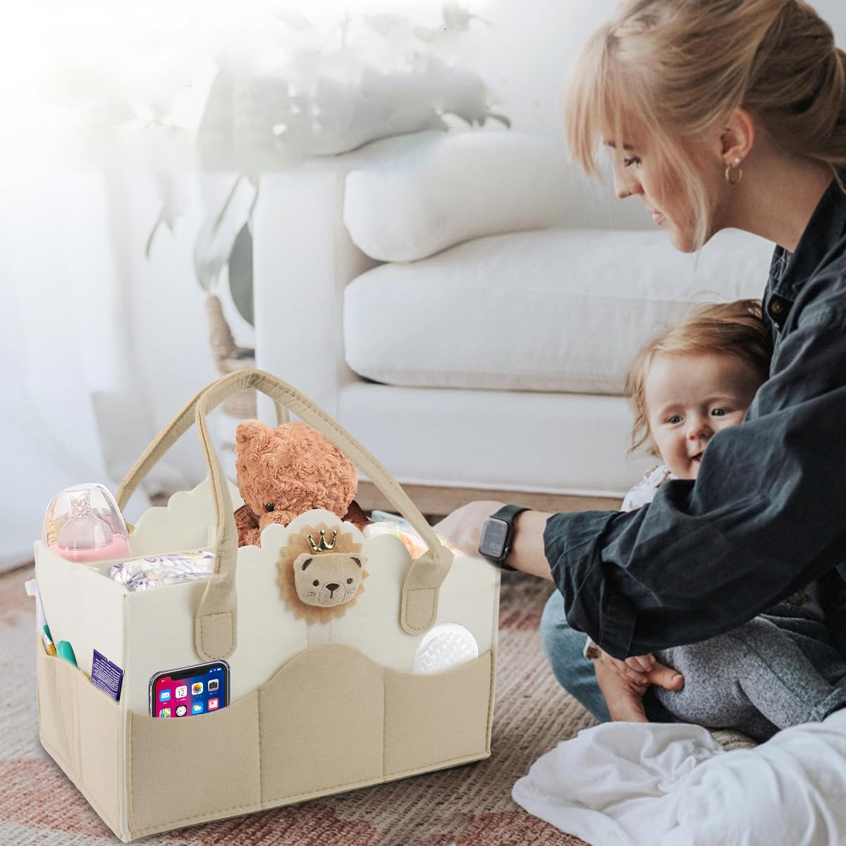 SNOWIE SOFT Baby Diaper Caddy Bag for Newborn Essentials with Removable Inserts | Soft Felt 33x23x18cm Organizer
