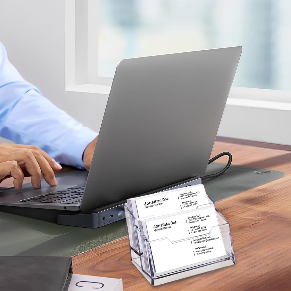 Zibuyu Clear Acrylic 2 Tier Business Card Holder for Desk with Thick Base and 200 Card Capacity