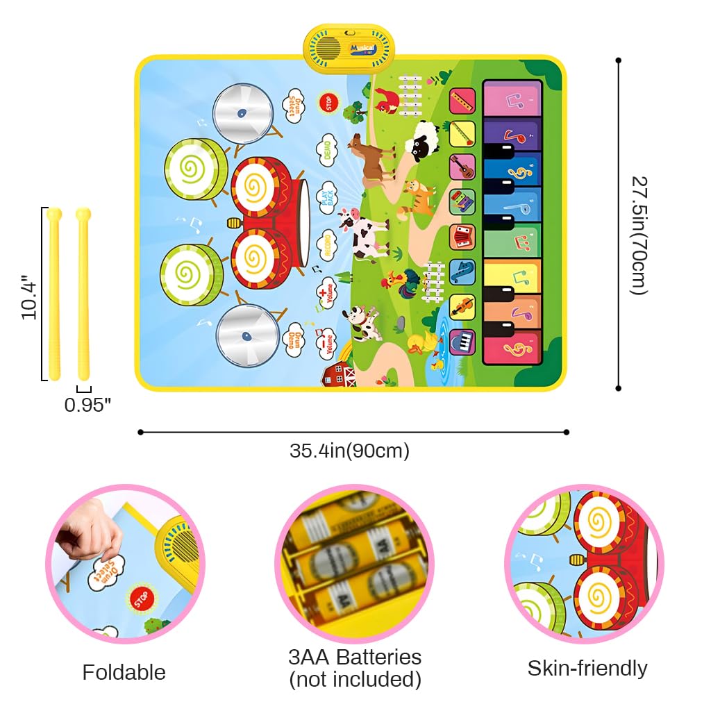 PATPAT 2 in 1 Drum & Piano Keyboard Musical Mat with Touch Sensitive Design 90×70CM for Toddlers | Ecofriendly Foldable Baby Music Toy