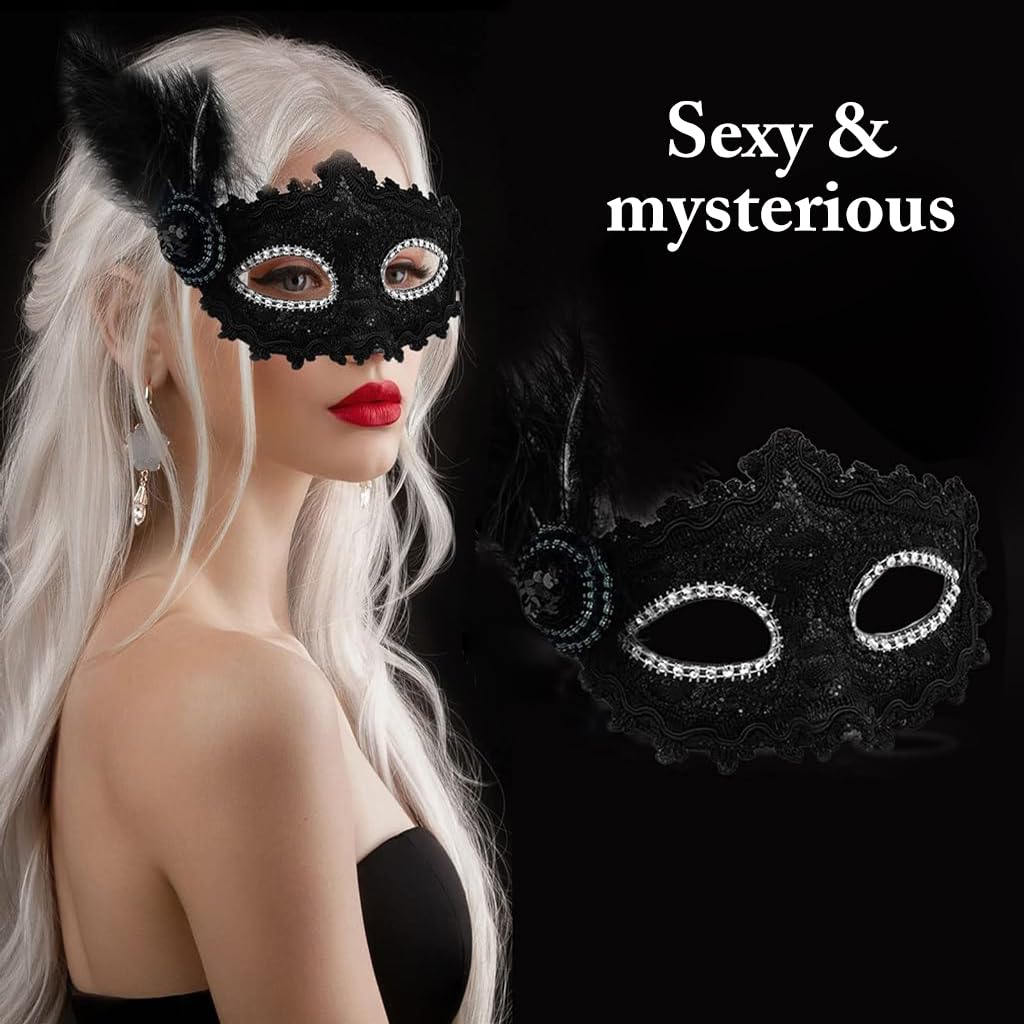 PATPAT Masquerade Mask for Women featuring Feather Lace Design and Adjustable Tie‑Back | 2 Pcs Black and White Set