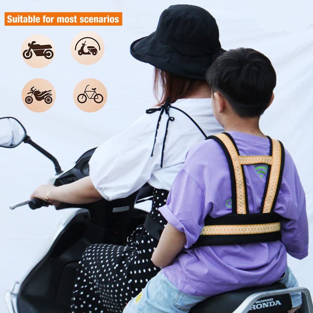 SNOWIE SOFT® Kids Safety Belt for Two Wheeler with Reflective Strips, Portable Seat Belt Children Motorcycle Harness for Motorcycle Bike, Adjustable Safety Harness for Kids (Orange)