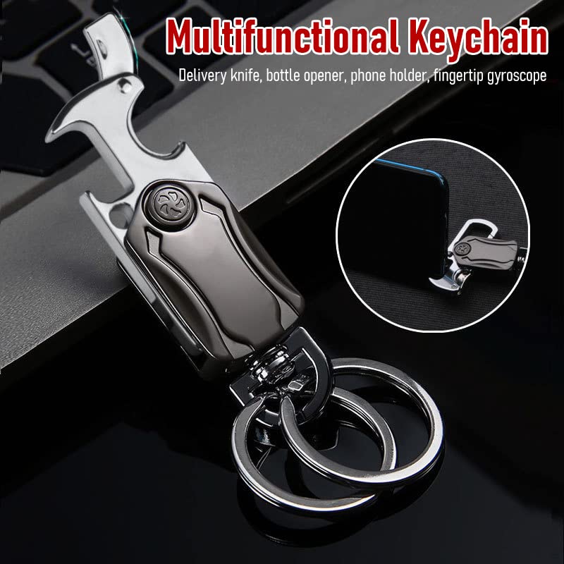 STHIRA® Multifunction Keychain for Men, Dual Ring Metal Car Key Chain with Cutter, Bottle Opener, Mobile Phone Holder, Fingertip Gyro, Outdoor Carabiner Portable Car Key Chain for Men Women