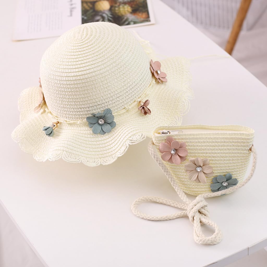 SNOWIE SOFT Girls Straw Hat and Mini Shoulder Bag for Summer with Floral Design | Beige Gift for Girls 6–12 Years