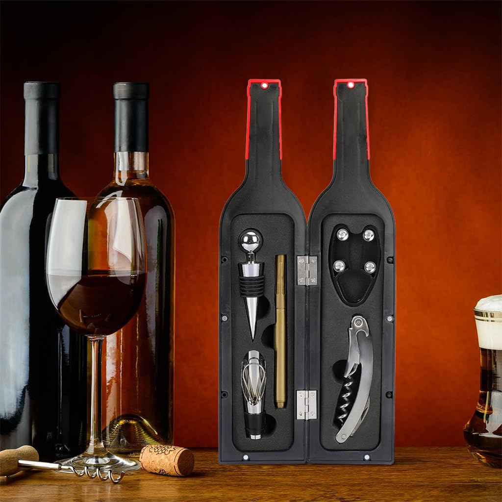 ZIBUYU Wine Accessories Kit 5Pcs for Parties and Gifts with Bottle Shaped Box | Includes Corkscrew and Stopper