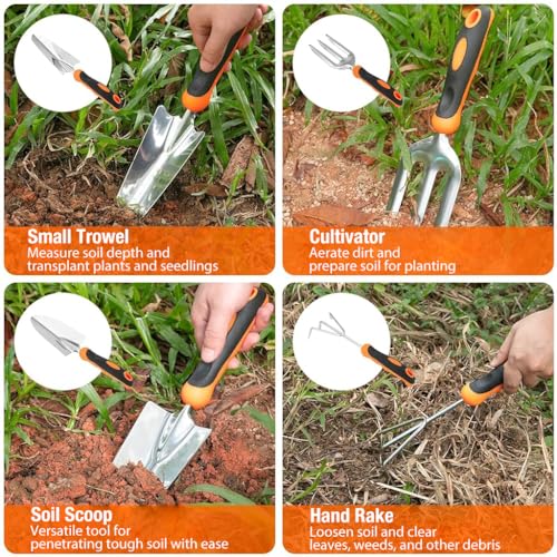 HASTHIP Gardening Tools Set of 7Pcs Heavy Duty Stainless Steel Garden Planting Tools Home Gardening Tool Set with Pruning Shear, Gardening Fork, Trowel, Shovel, Weeder Tool, Seeding Tool, Tool Bag