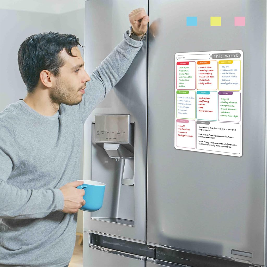 ZIBUYU Weekly Planner Magnetic Board for Fridge with Strong Magnetic Backing 29.7x42cm | Includes Marker Pens and Sponge Eraser