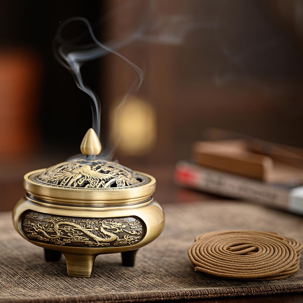 HASTHIP Incense Burner 2.7 in Bronze Alloy with Hollow Lid for Home and Office Décor | Engraved Phoenix Design