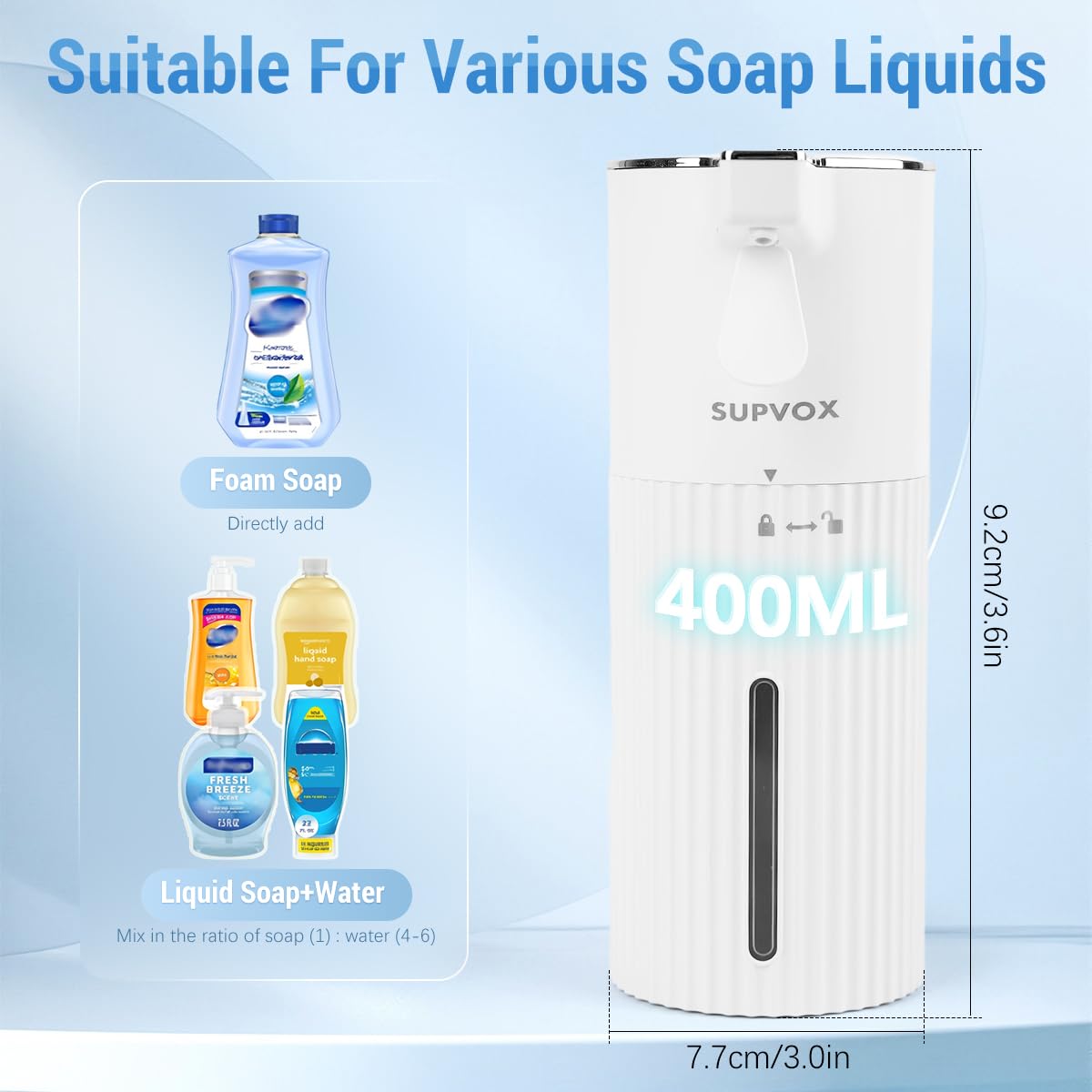 Supvox Hand Soap Dispenser 400ml for Kitchen and Bathroom featuring Push Lever and Dual Mounting | Battery Operated