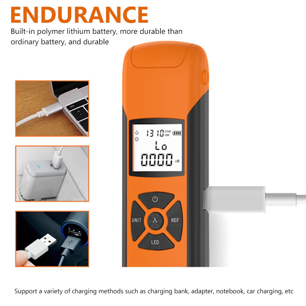 Serplex Optic Power Meter for Fiber Testing with LED Flashlight and USB Rechargeable 400mAh Battery | Measures -70 to +10 dBm Across 7 Wavelengths
