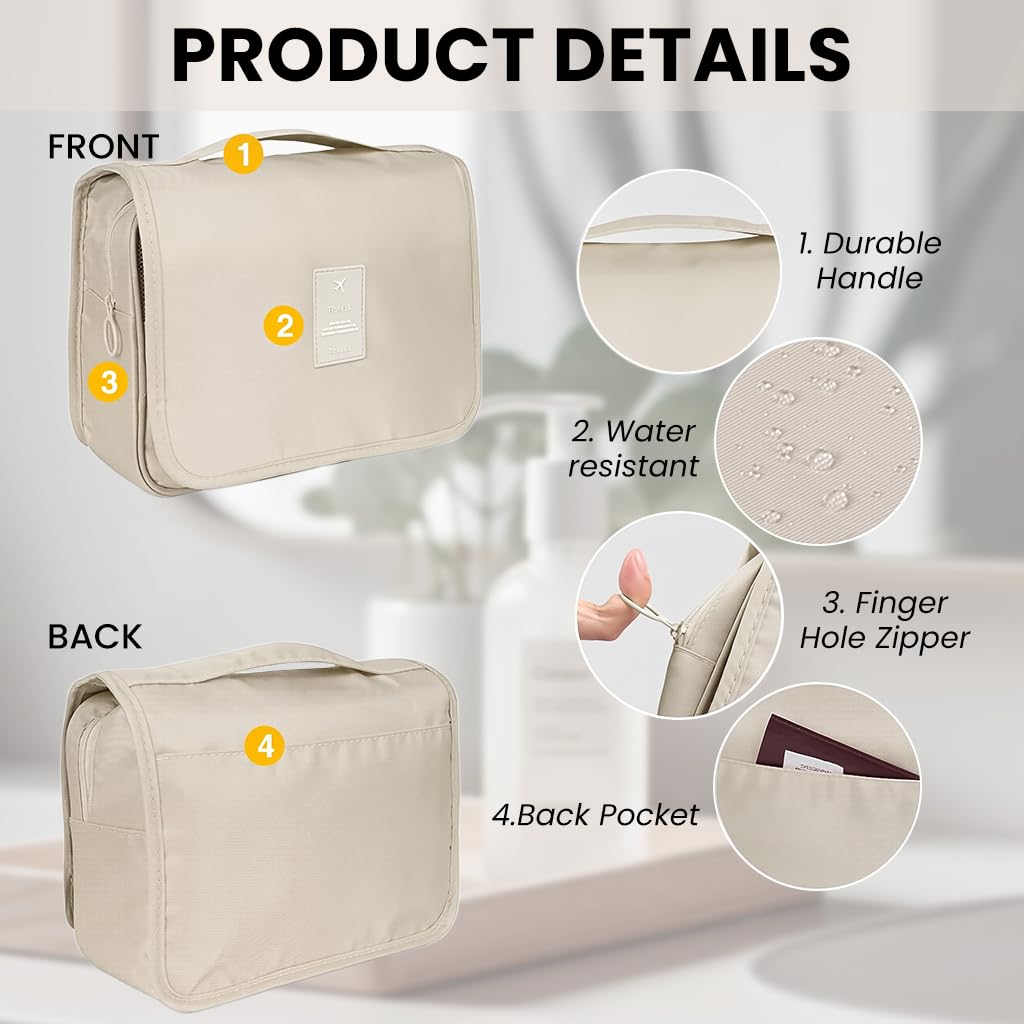 ZIBUYU Travel Toiletry Bag for Trips with 4 Compartments and Hanging Hook | Beige 11 x 7.75 x 3.35 in