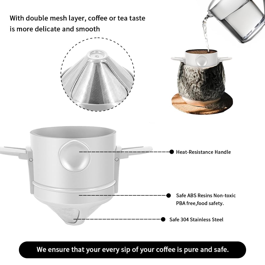 Supvox® Filter Coffee Maker with Bottom Cup Double Mesh Pour Over Coffee Filter Food Grade Stainless Steel & Plastic Coffee Dripper 100% Paperless Foldable Fit Most Cup Keep Coffee Flavour Easy Clean