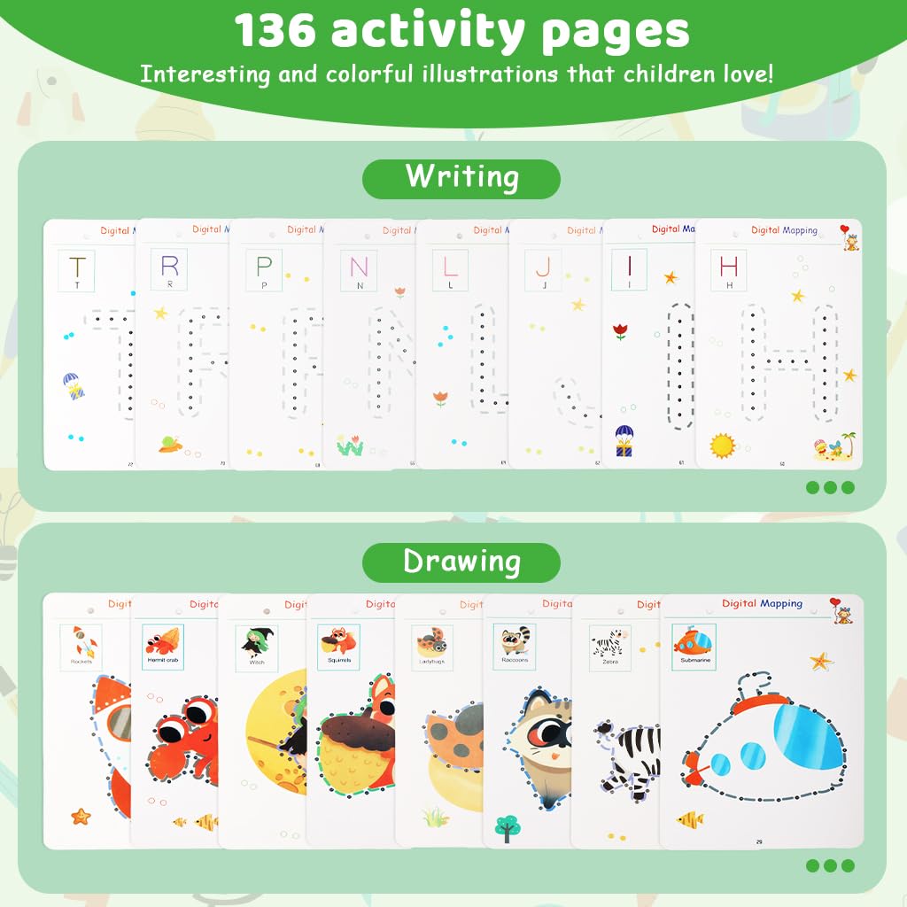 SNOWIE SOFT Kids Dot to Dot Training Book with 136 Flash Cards and Dry Erase Surface | Reusable Drawing Practice Set with Markers for Early Learning