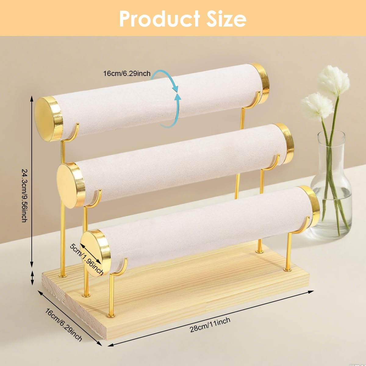 MAYCREATE Bangle Organizer Stand for Women featuring 3 Tier Metal Frame and Wooden Base | Holds 18 25 Bracelets