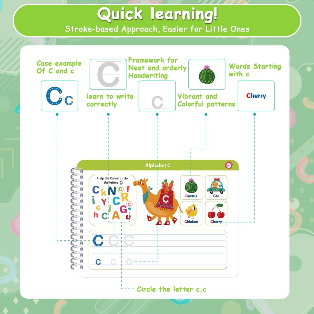 PATPAT Toddler Alphabet Tracing Book for Preschool Handwriting Practice with 8-Color Markers & Sponge Erase | Reusable Early Learning Workbook