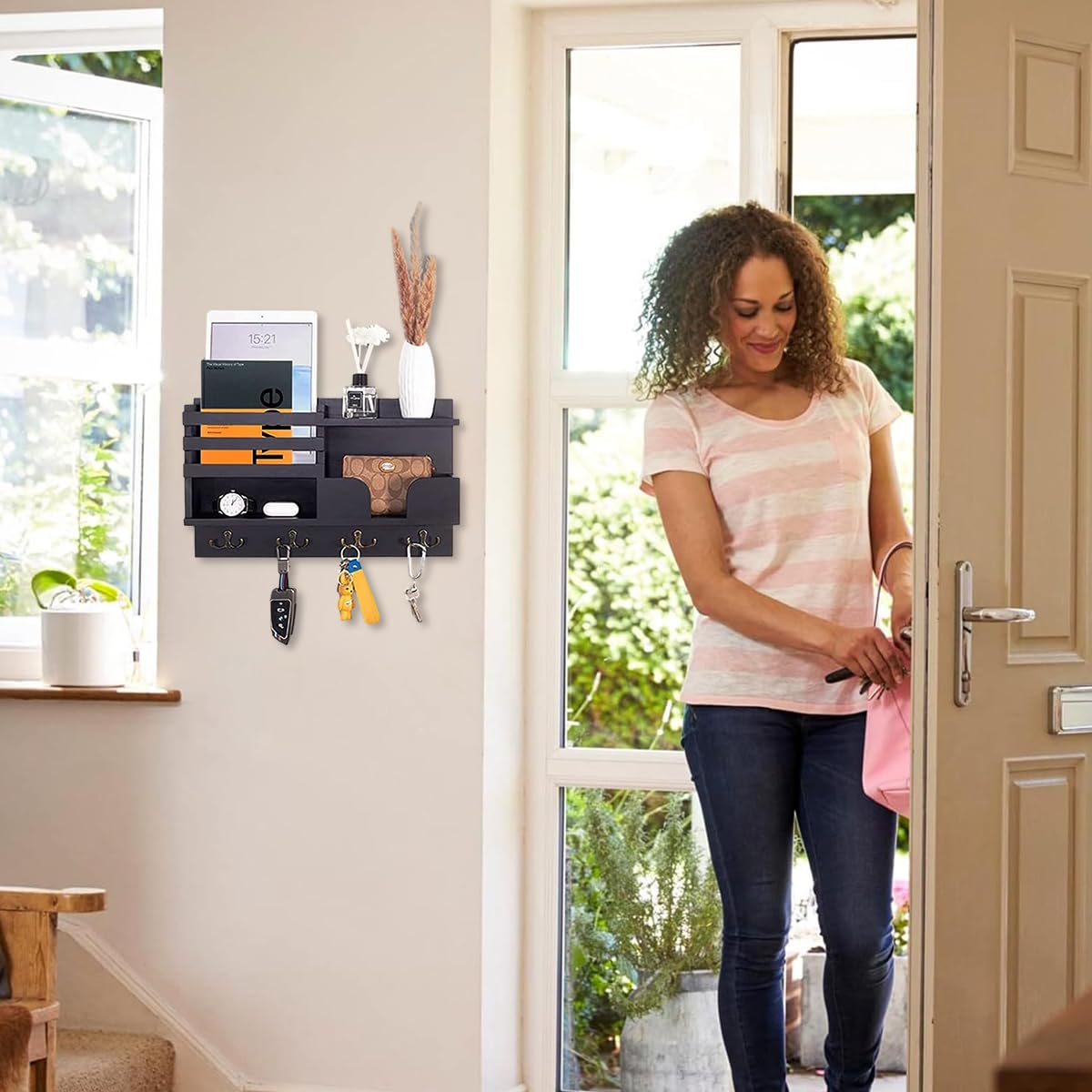 HASTHIP Key Holder for Home with Multi Compartment Wooden Organizer Rack 15.7×9.3 in | Wall Mounting Hooks for Entryway Storage