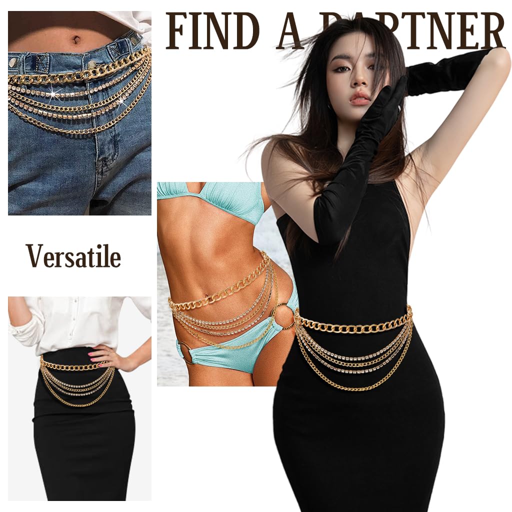 SANNIDHI Gold Waist Chain for Women featuring Multi Layered Rhinestone Design | Adjustable Fit