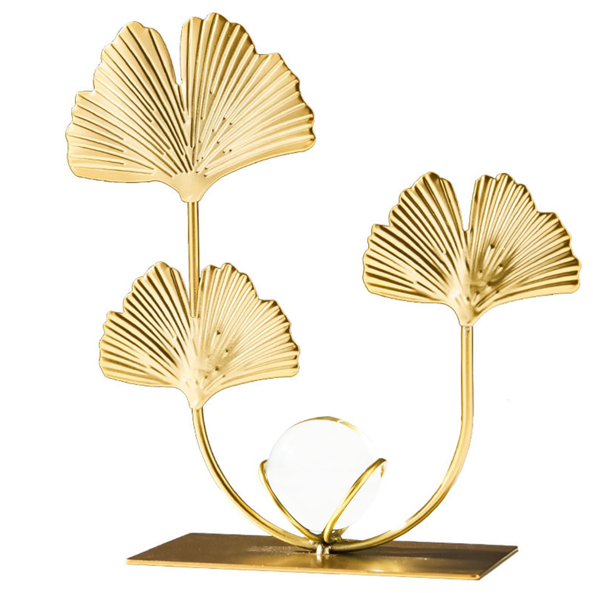 HASTHIP Golden Ginkgo Leaf Desk Decoration with Crystal Ball Centerpiece 12x6x18cm | Elegant Wrought Iron Home and Office Ornament
