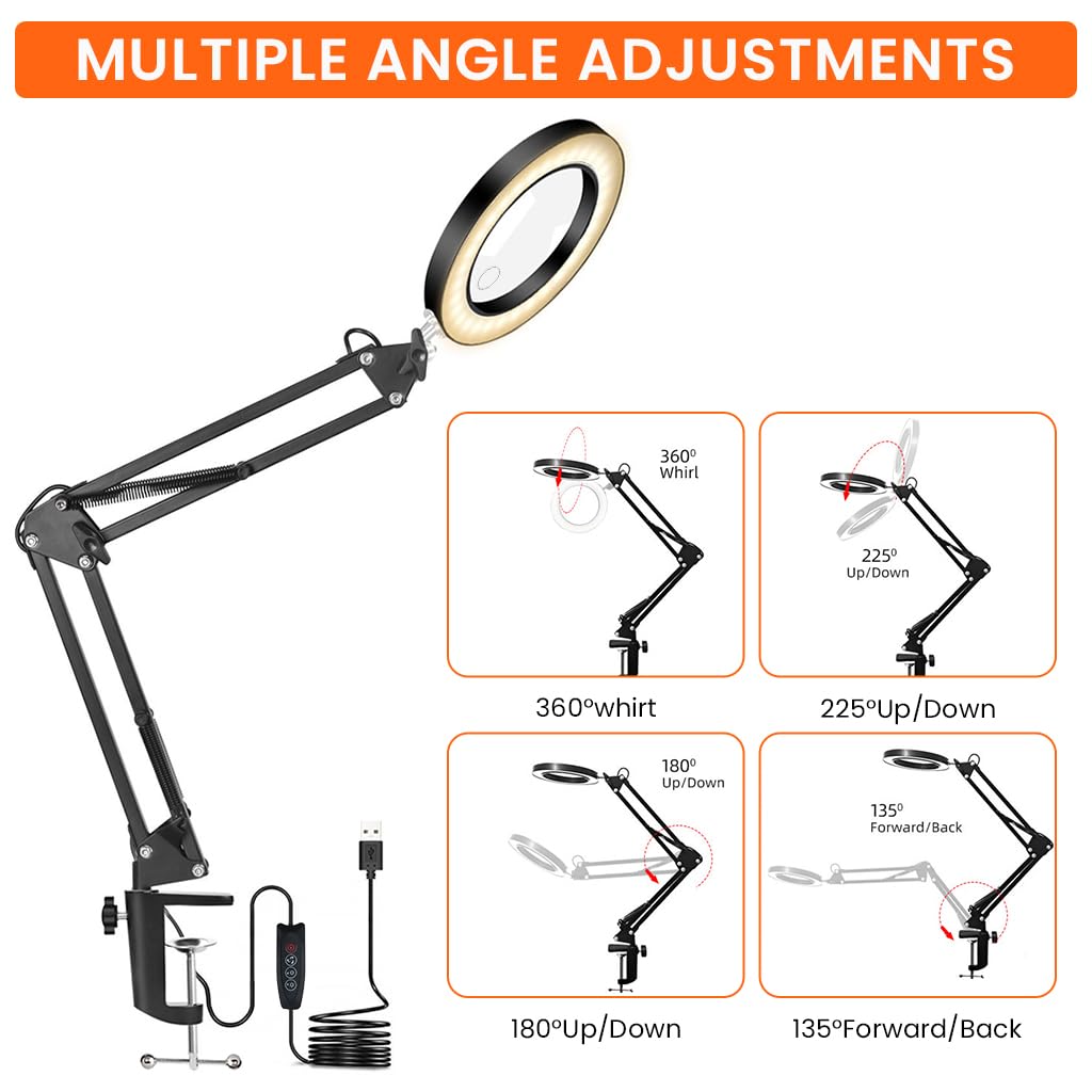 HASTHIP Desk LED Magnifier for Repairing and Reading with 15X Lens and Flexible Arm | 3-Color USB Lamp