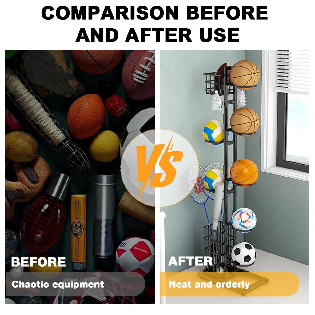 Proberos Ball Stand Organizer for Multi Sport Storage with 7 Brackets and Basket featuring Suction Cup Base | 1.2mm Carbon Steel Frame