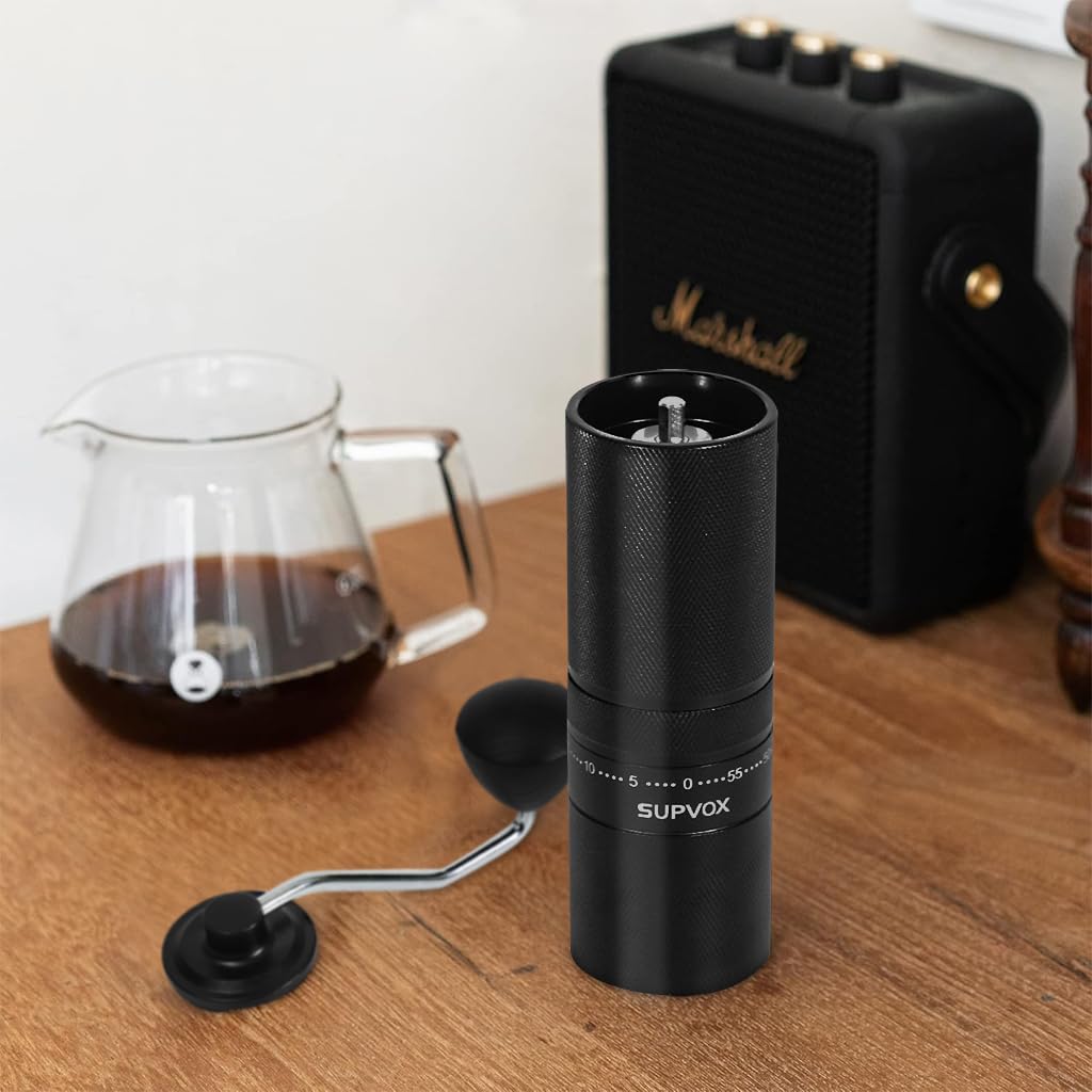 Supvox Hand Coffee Grinder for Travel with 25g Capacity CNC Steel Burr and Wooden Handle