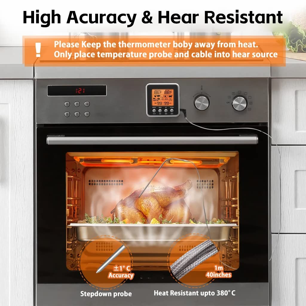 [Second-hand]ELEPHANTBOAT@ Food Meat Thermometer with 39 degree Temperature Probe,LCD Backlight Food Grill Thermometer with 7 Preset Temperatures & Timer for Baking,Grilling,Cooking,Without Battery