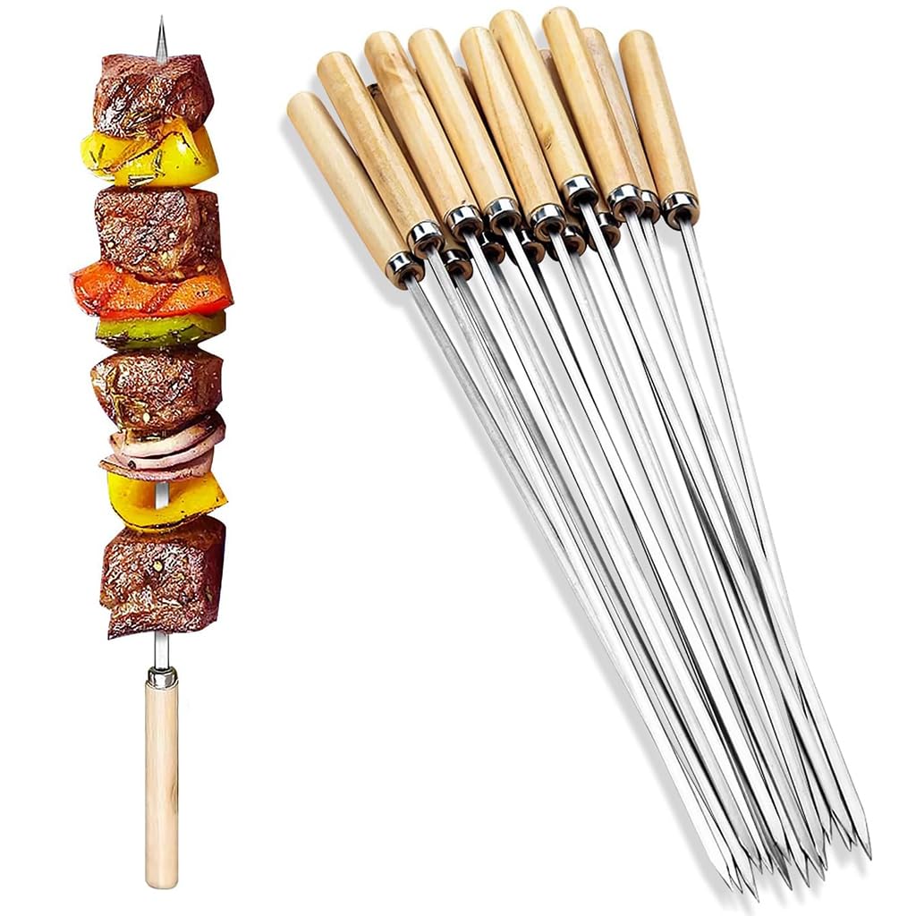 HASTHIP BBQ Skewers 25 pcs for Grilling with 12.9 in Flat Arrow Tips and 9 cm Wooden Handles | Stainless Steel Set with Storage Tube