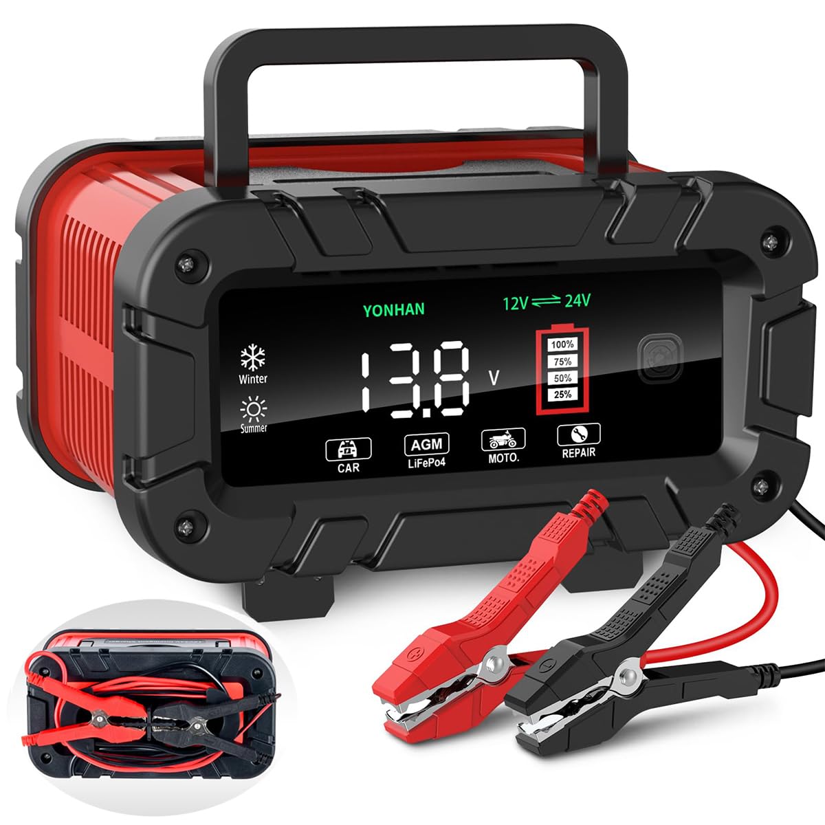 STHIRA Smart Car Battery Charger for 12V 24V Vehicles featuring Pulse Repair Tech | LCD Display and Multilayer Safety Protection