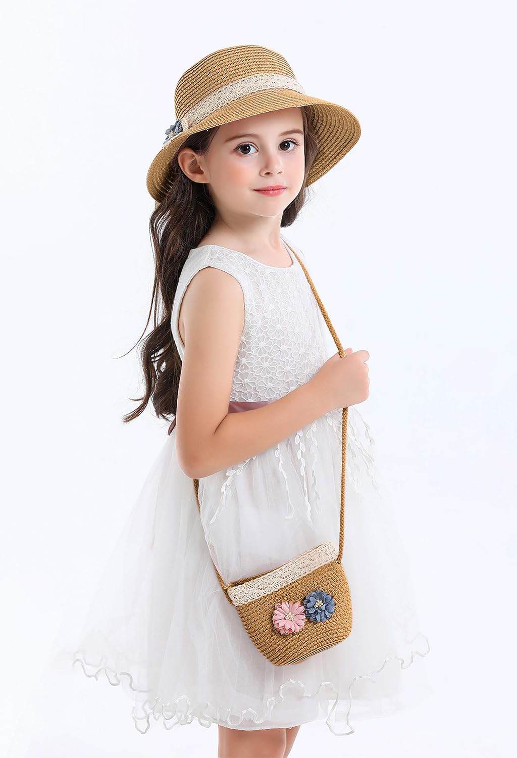 SNOWIE SOFT Straw Hat for Kids with Mini Shoulder Bag featuring Floral Lace Bowknot | Ideal for Girls Beach and Summer Outings