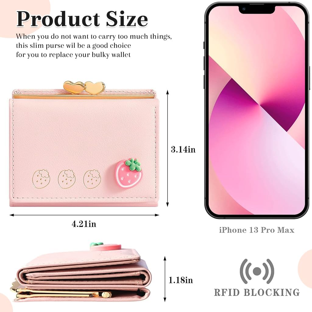 Zibuyu Card Holder Wallet for Women with Heart Photo Window 11x8 cm Pink Strawberry PU