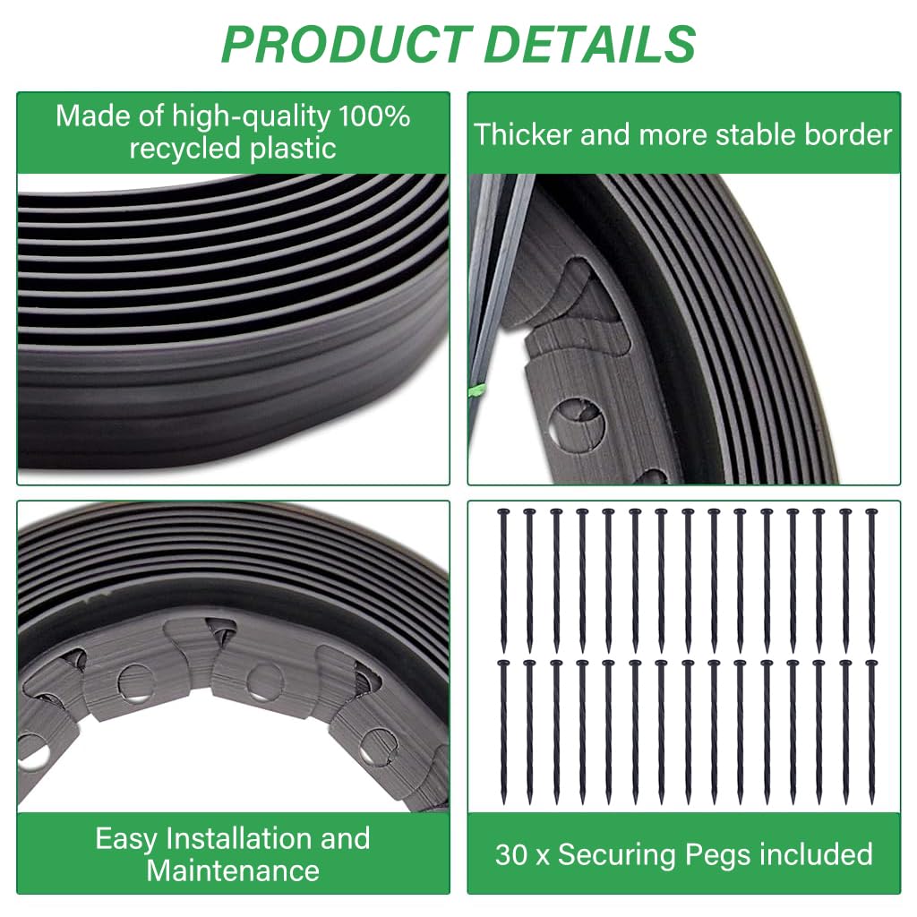 HASTHIP Garden Edging Border Roll for Lawn and Flower Beds with 30 Spikes 10m PE Green Fence