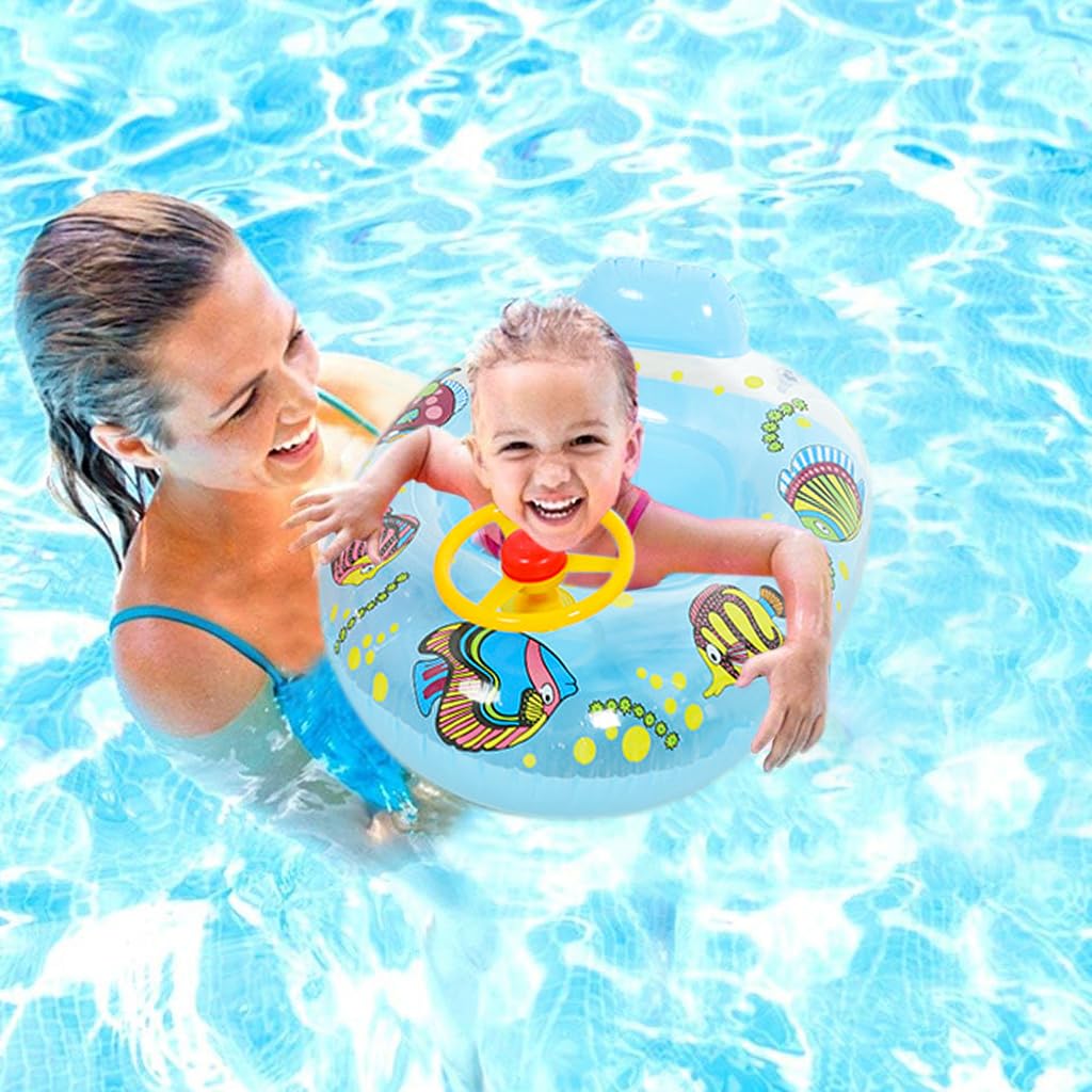 Proberos® Kids Inflatable Swimming Ring With Cartoon Steering Wheel & Horn, Durable PVC, Leakproof Valve, 55-57cm Ideal For Toddlers 3-5 Years - Fun & Safe Pool Float For Beach & Indoor Pools