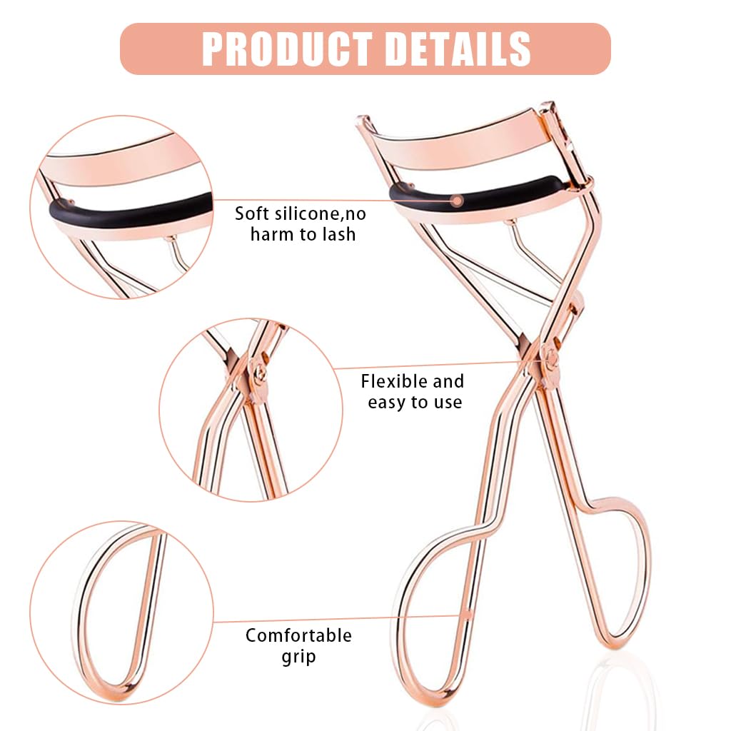 MAYCREATE Eyelash Curler Kit for Women with 6 Refill Pads and Ergonomic Metal Design | Includes Folding Lash Comb