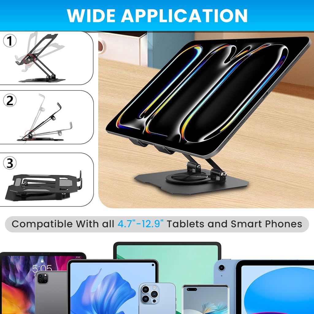 ZIBUYU Universal Metal Phone and Tablet Stand for Desk with 360° Rotation and Cooling Base | Foldable Adjustable Holder for iPhone iPad Samsung