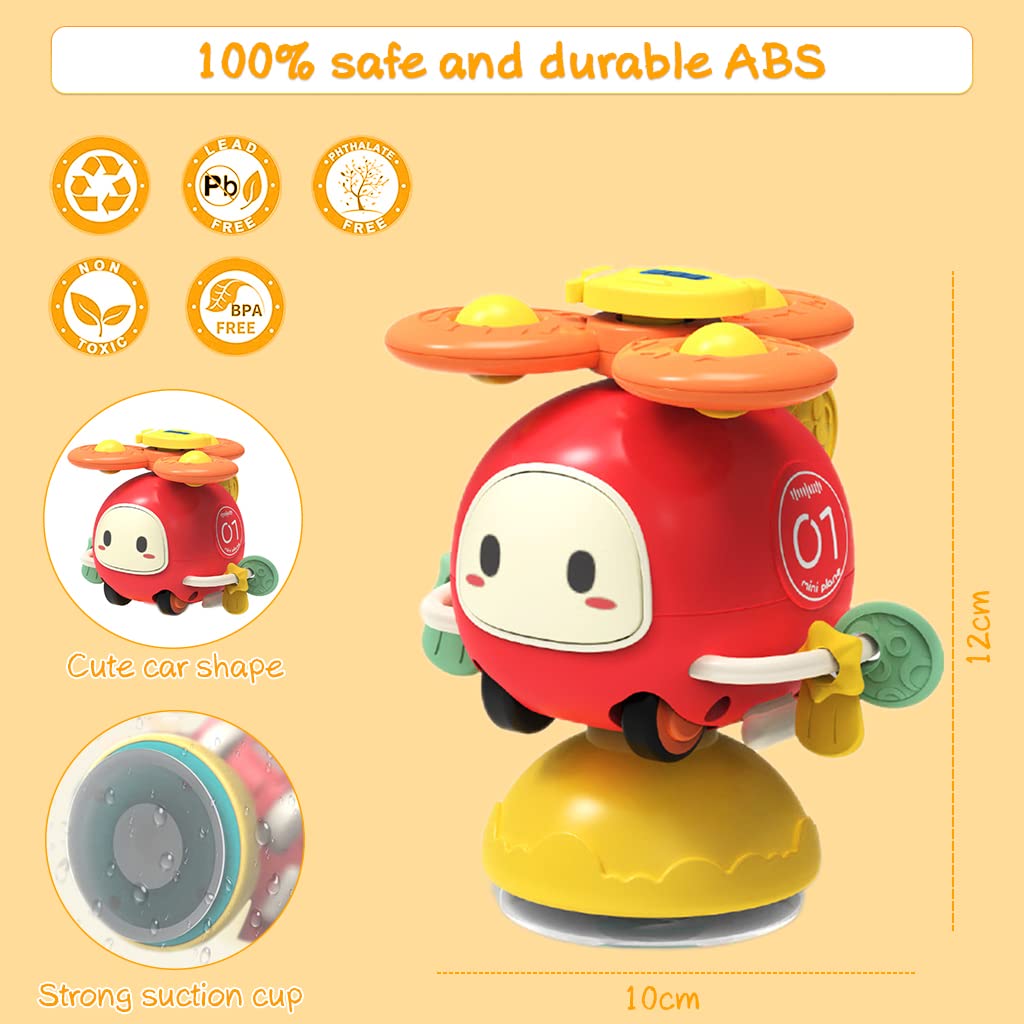 PATPAT Suction Toys for Baby, 3 in 1 Baby High Chair Toys with Detachable Suction Cup Toys Baby Rattle Sensory Car Toys for Early Development, Spinning Pop Toys Gifts for Newborn Kids - Red