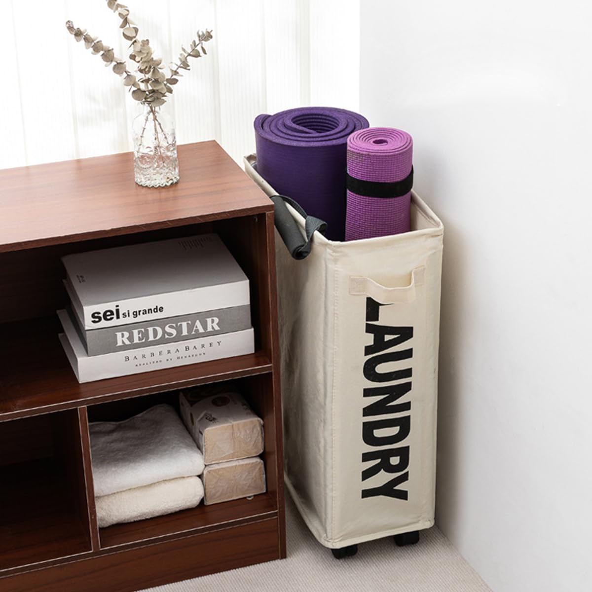 HASTHIP Laundry Basket for Small Apartments with Wheels and 39x19x57cm Capacity | Oxford Cloth Hamper Featuring Drawstring Mesh Liner