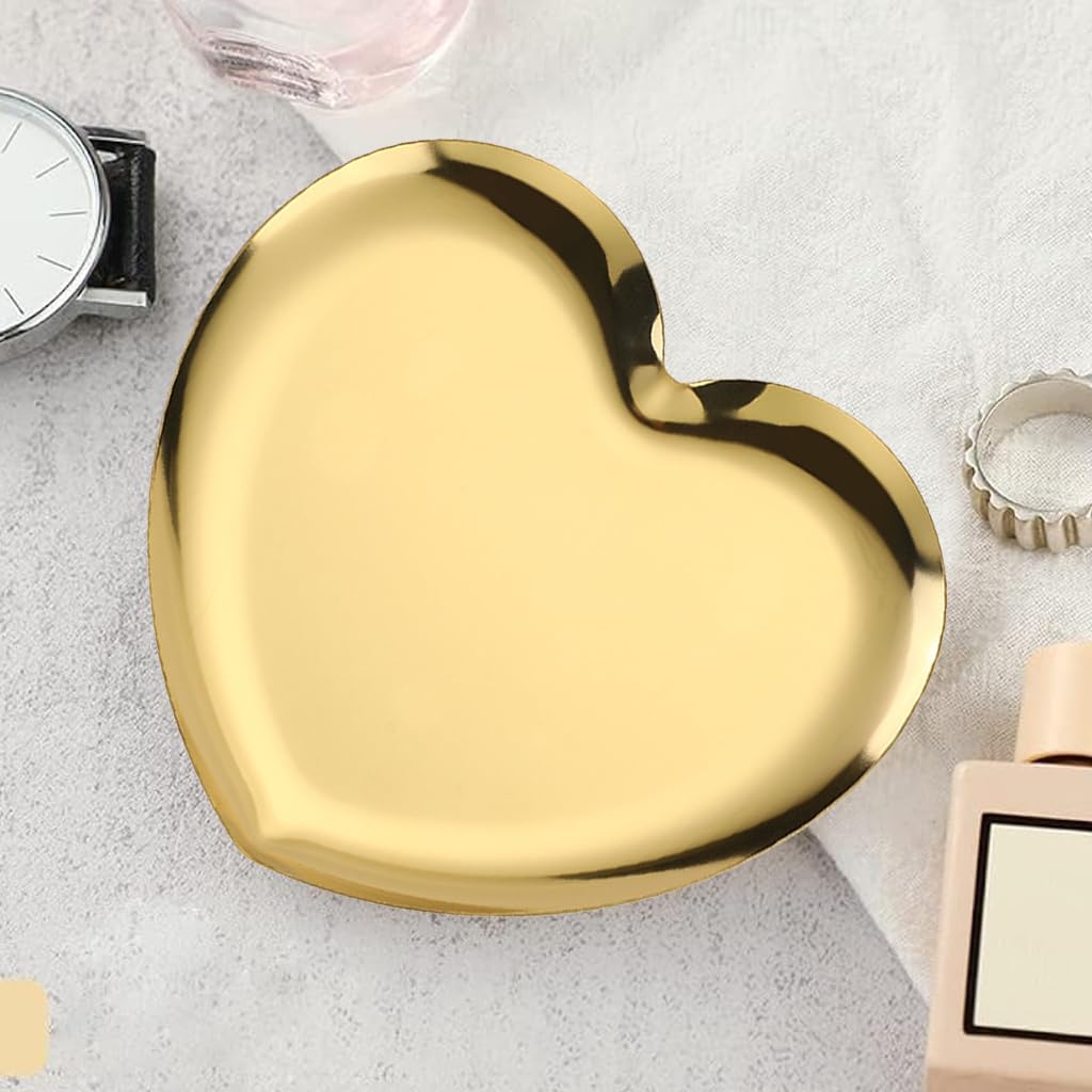 HASTHIP Jewelry Storage Trays for Vanity and Dresser featuring Heart-Shaped Design 16x15cm | Golden Metal Organizer