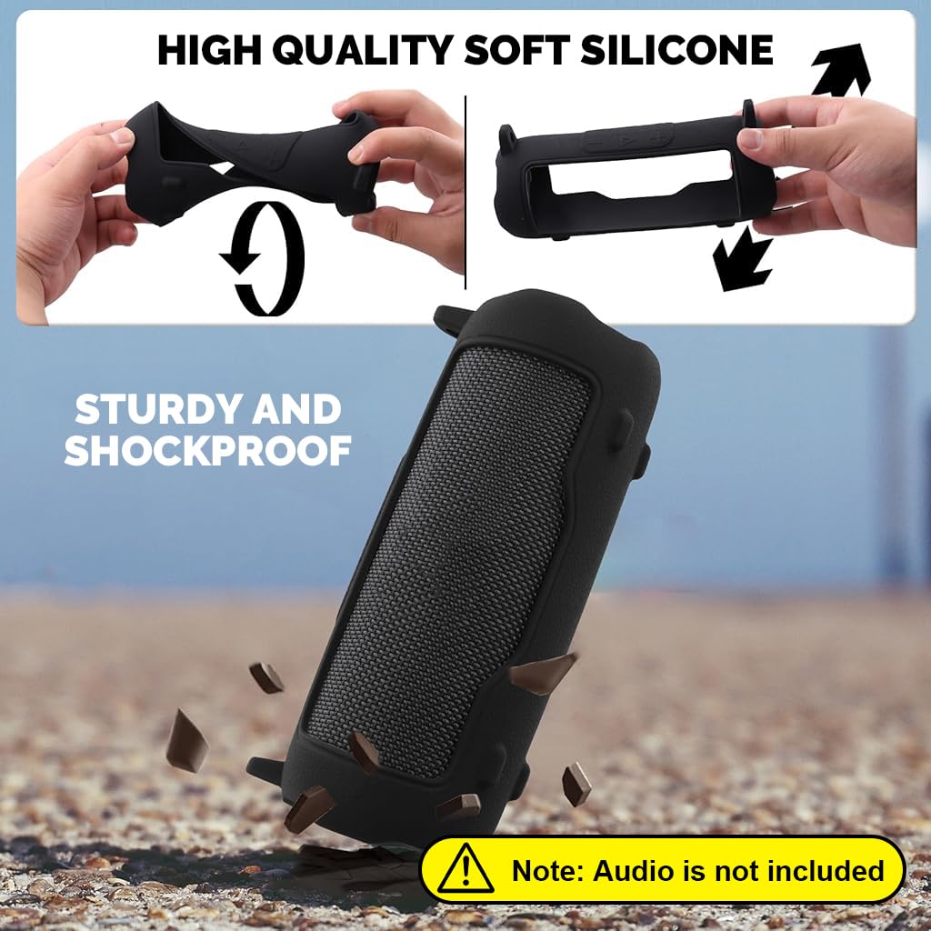 ZORBES Silicone Case for JBL Flip 7 Portable Speaker with Standing Feet and Strap | Black Protective Cover
