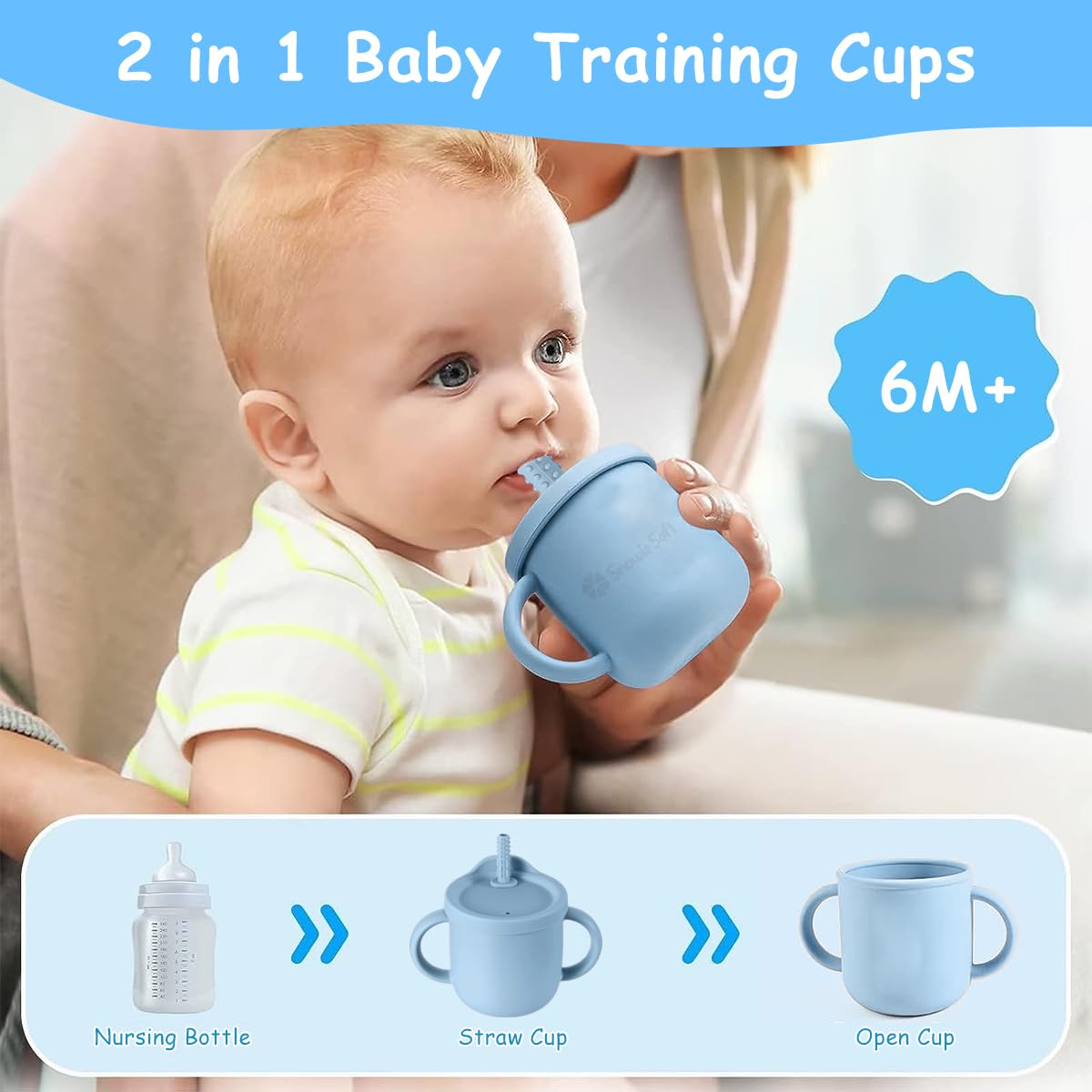 SNOWIE SOFT® Silicone Sippy Cup with Straw Baby Cup Silicone Training Cup with 2 in 1 Lid, Teether Straw & Draining Lid, BPA-Free Spill Proof Non-Slip Baby Straw Cups 6-12 Months Toddlers, 250ml Blue