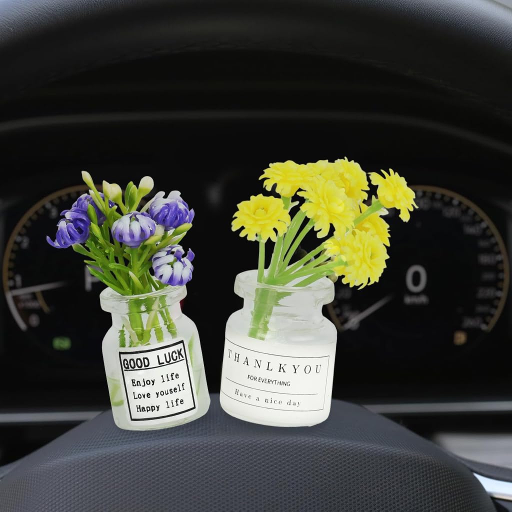STHIRA Daisy Flower Car Accessories featuring 5 Miniature Glass Vase Dashboard Decorations