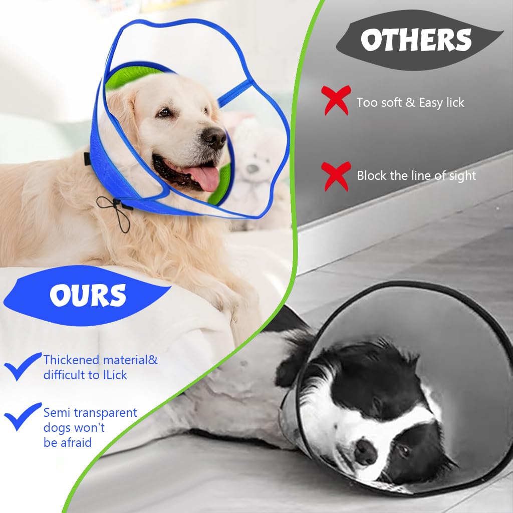 Qpets® Dog Cone Collar, Breathable Soft Dog Cones, After Surgery Recovery Dog Collar with Drawstring Adjustment for Head Neck Protection (L)