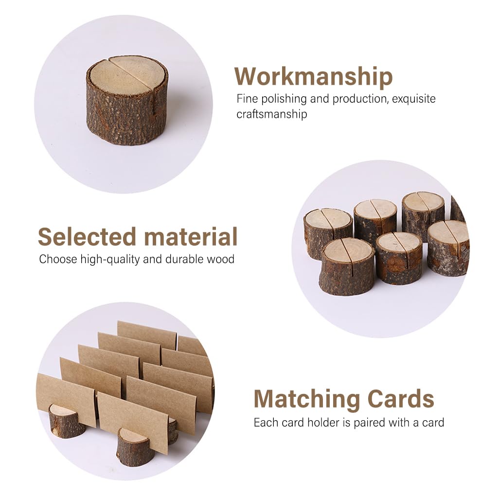 HASTHIP Mini Wood Place Card Holders for Weddings with Tree Stump Design and 10Pcs Cards