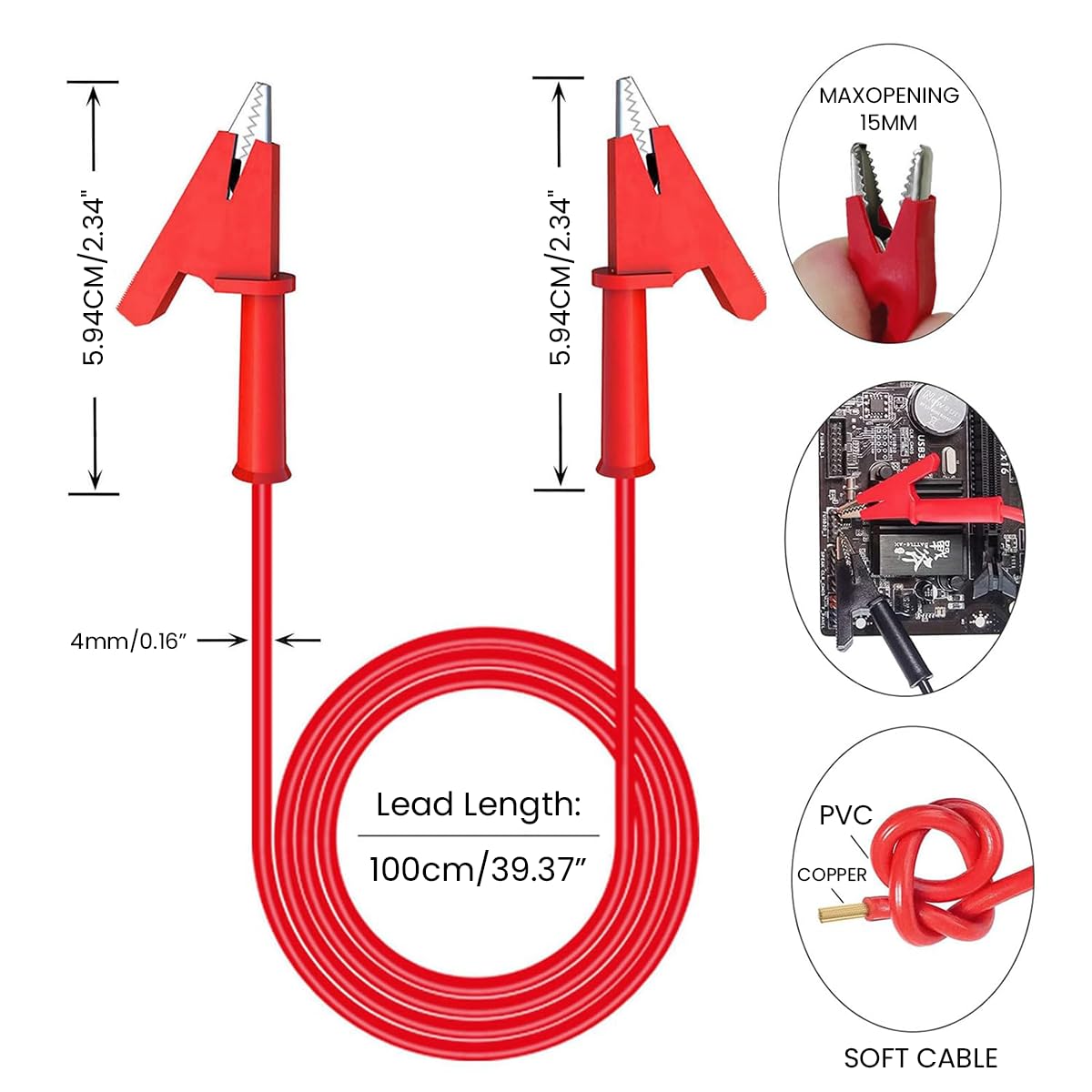 Serplex Crocodile Clip Wires for Electrical Testing with Dual-Ended Insulators 3.3 ft | 15A Copper Conductive Leads