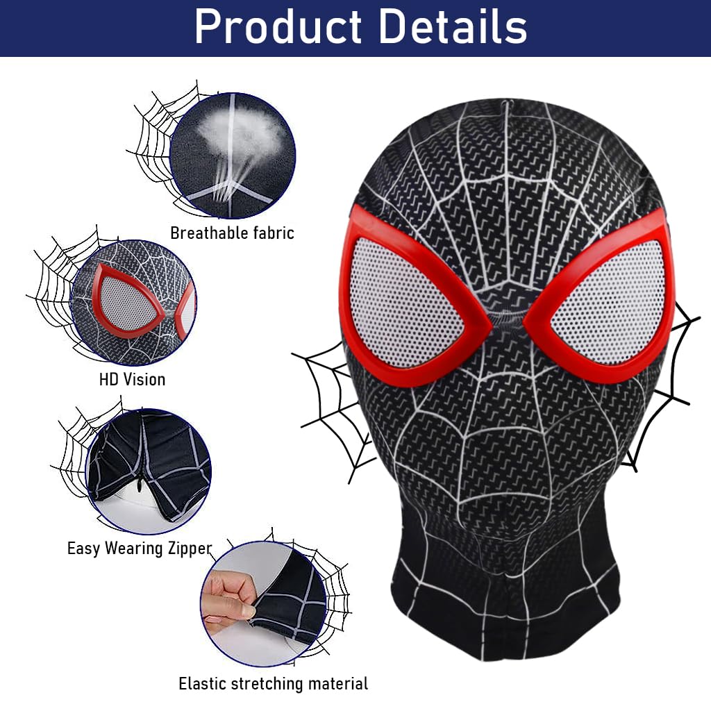 FANCYKU® 3D Spider-Man Mask, Spiderman Masks Spider Man Cosplay Costumes Superhero Lenses, Superhero Costume Mask for Adult Kids, Role Play Superhero Masks for Halloween Masquerade Cosplay (Black)