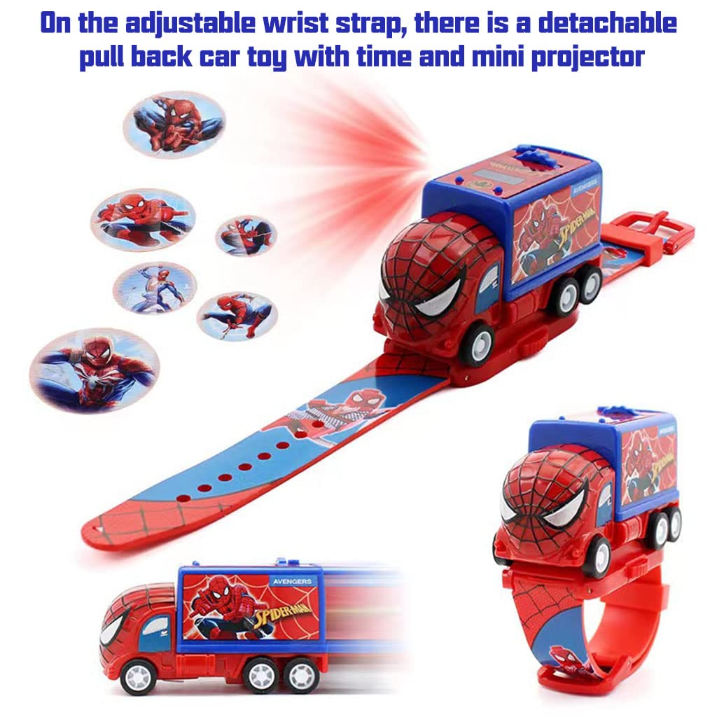 PATPAT® Spiderman Watch for Kids, 2 in 1 Detachable Pull Back Truck Car Kids Watch with 6 Images Projector, Spider-Man Digital Watchs for Kids, Watch Car for Kids Girls