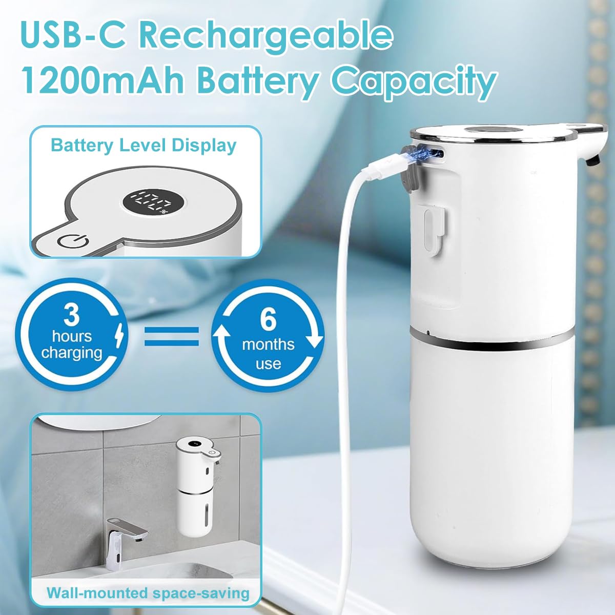 Supvox Automatic Soap Dispenser for Kitchen and Bathroom with 380ml Capacity | USB Rechargeable Sensor Design