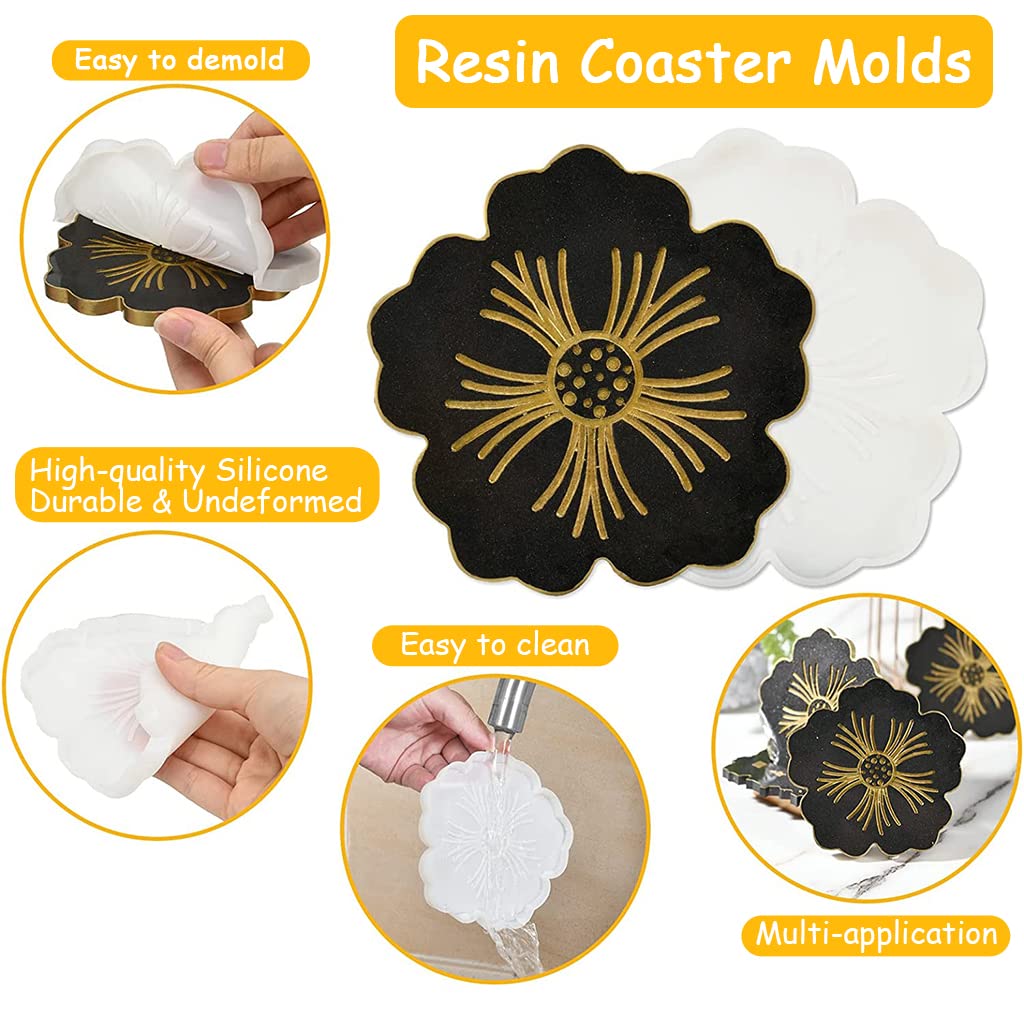 HASTHIP® 4 Pcs Resin Moulds with Stand Storage Mould for Make Coaster, Creative Floral Shape Silicone Moulds Epoxy Resin Art Kit for Resin Casting Coasters, DIY Crafts, Home Decor